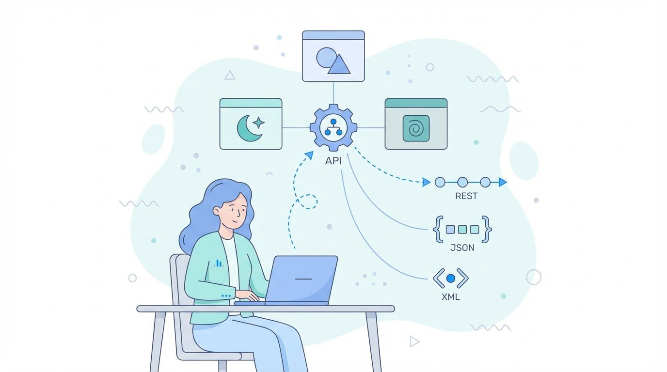 engineer at laptop managing api hub with arrows to rest json and xml endpoints