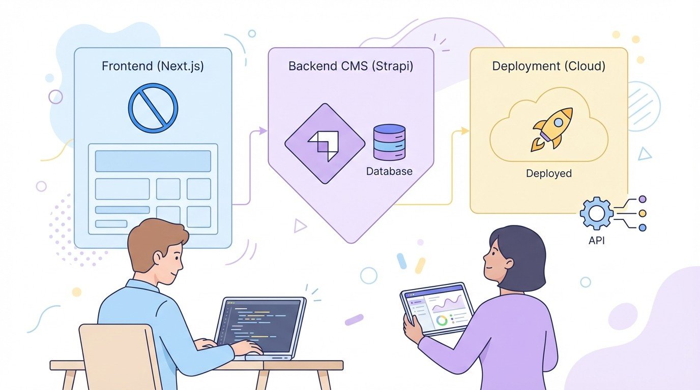 developers collaborating on nextjs frontend strapi cms backend and cloud deployment diagram