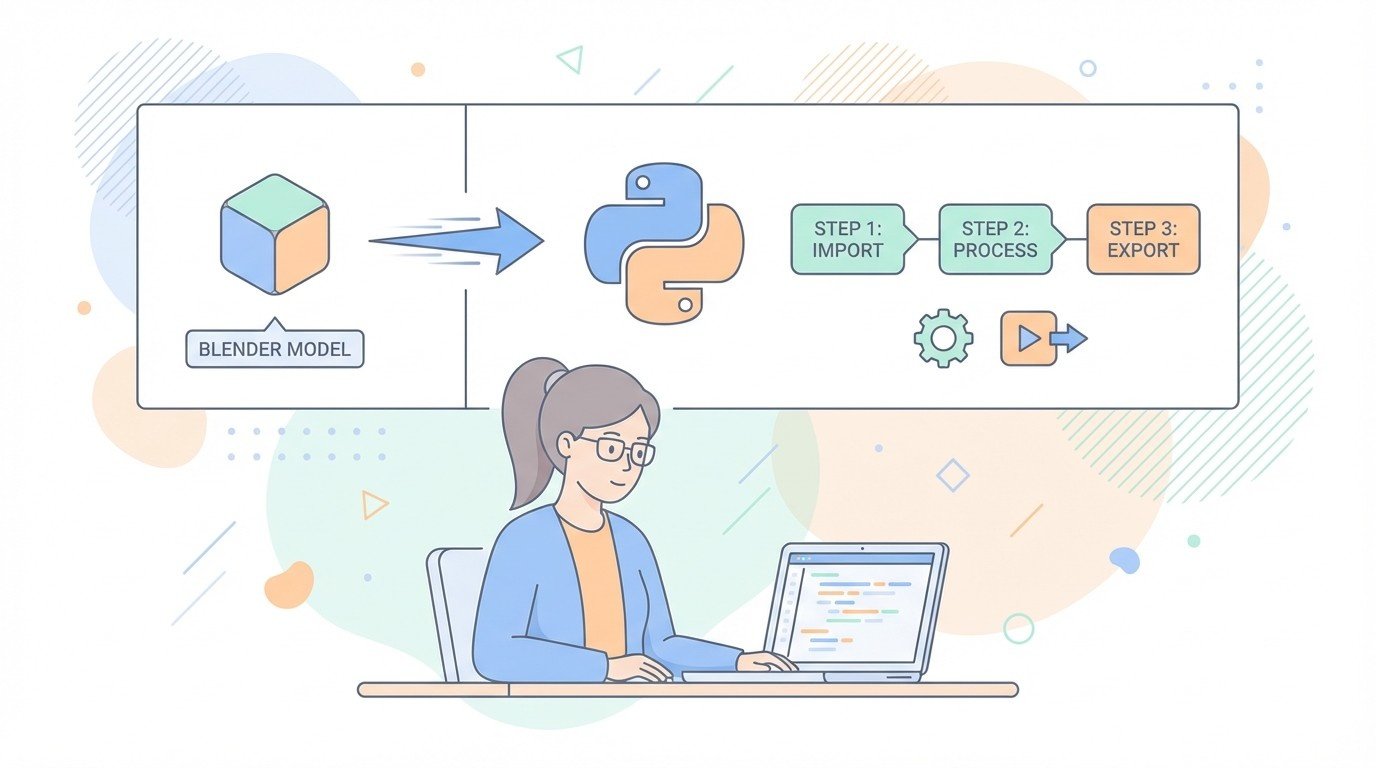 developer coding python automation pipeline for blender model with import process export steps