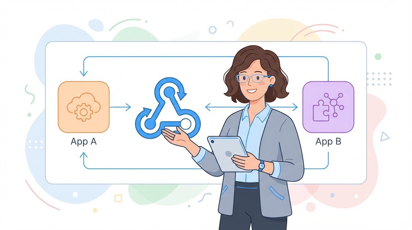 Lenoshub consultant explaining a custom webhook flow that syncs data between two SaaS apps.
