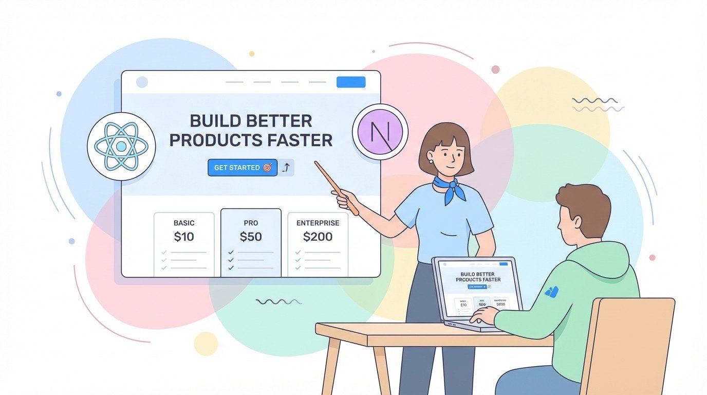 Lenoshub designer explaining a pricing table and hero section for a high converting React and Nextjs landing page on a client meeting screen.