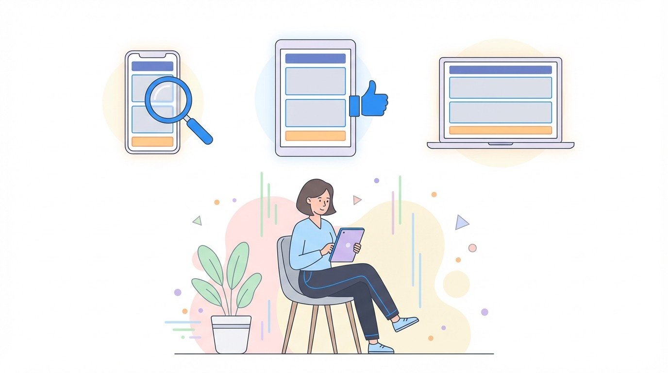 Lenoshub designer testing a website on phone, tablet and laptop to check mobile responsive layout.