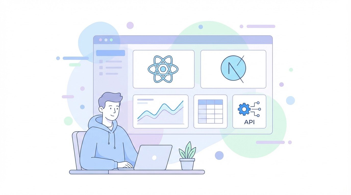 Lenoshub developer working in front of a React and Nextjs admin dashboard that shows charts, tables and API integration widgets.