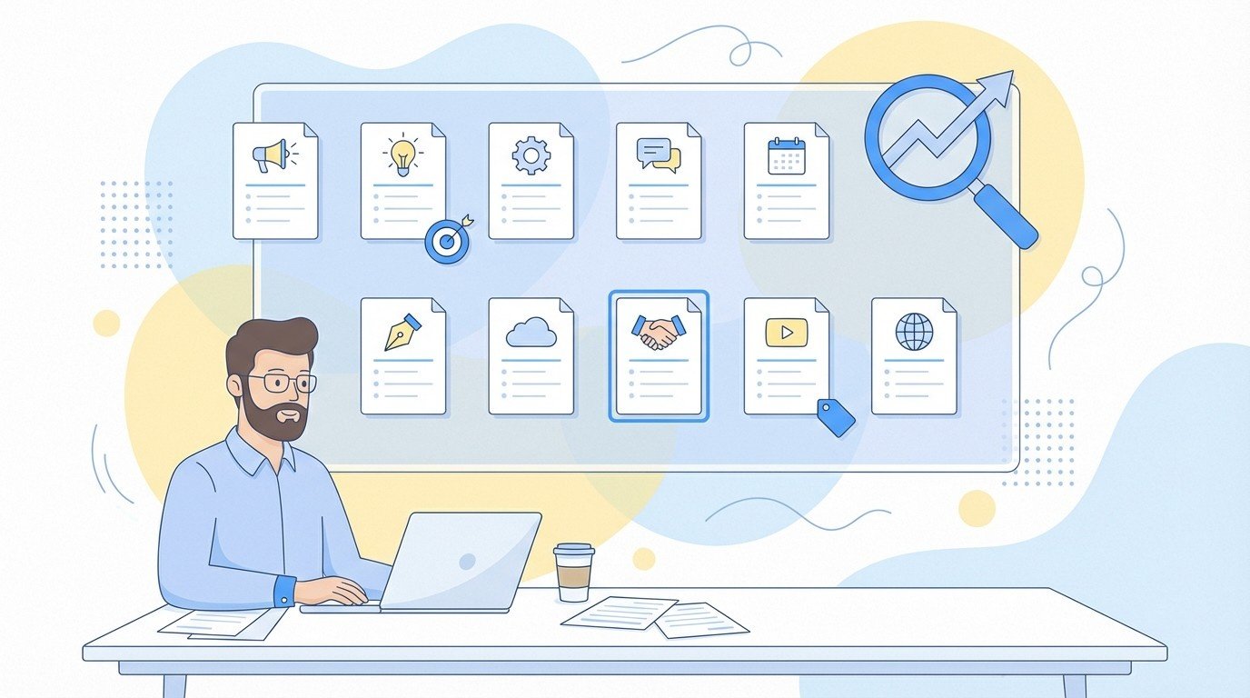 Lenoshub content strategist creating organized SEO content briefs for many blog post topics on laptop.