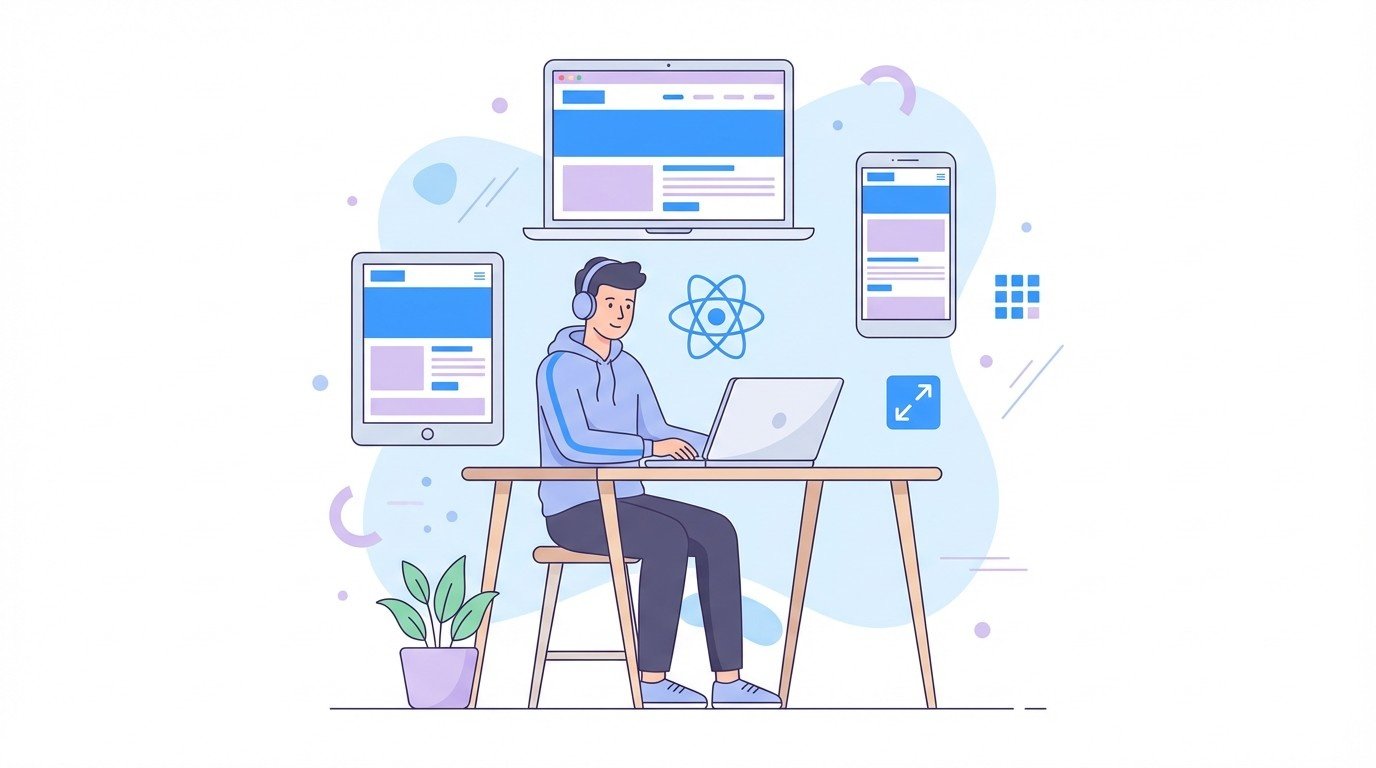 react developer coding responsive website with layouts previewed on laptop tablet and smartphone screens