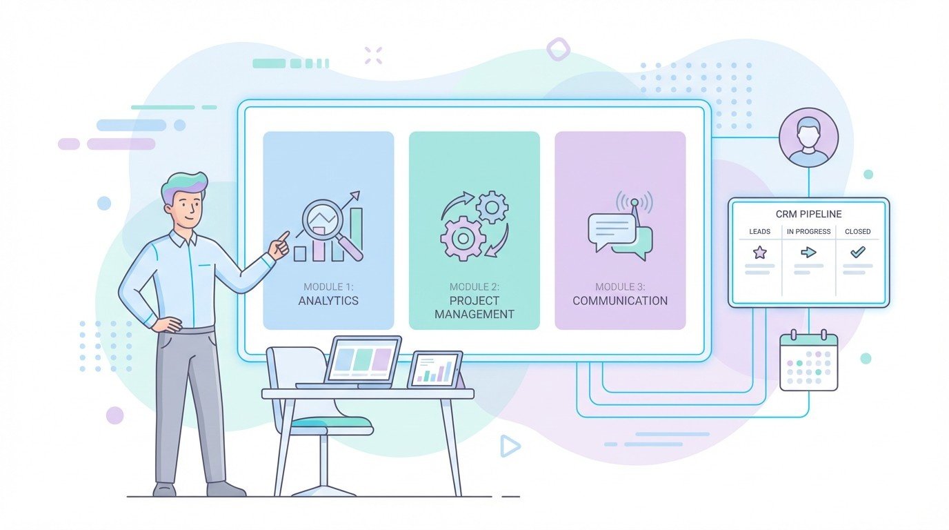 roduct owner presenting crm dashboard with analytics project management and communication modules connected to pipeline