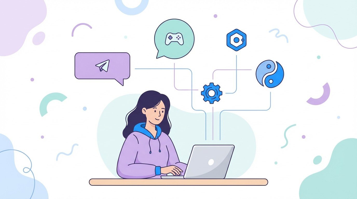 Lenoshub developer coding a Telegram and Discord bot using Nodejs and Python on laptop.