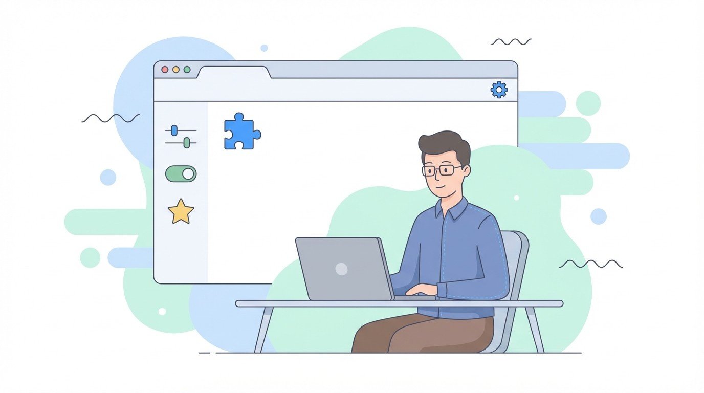 developer at laptop with large browser window showing extension icon toggles and favorite star