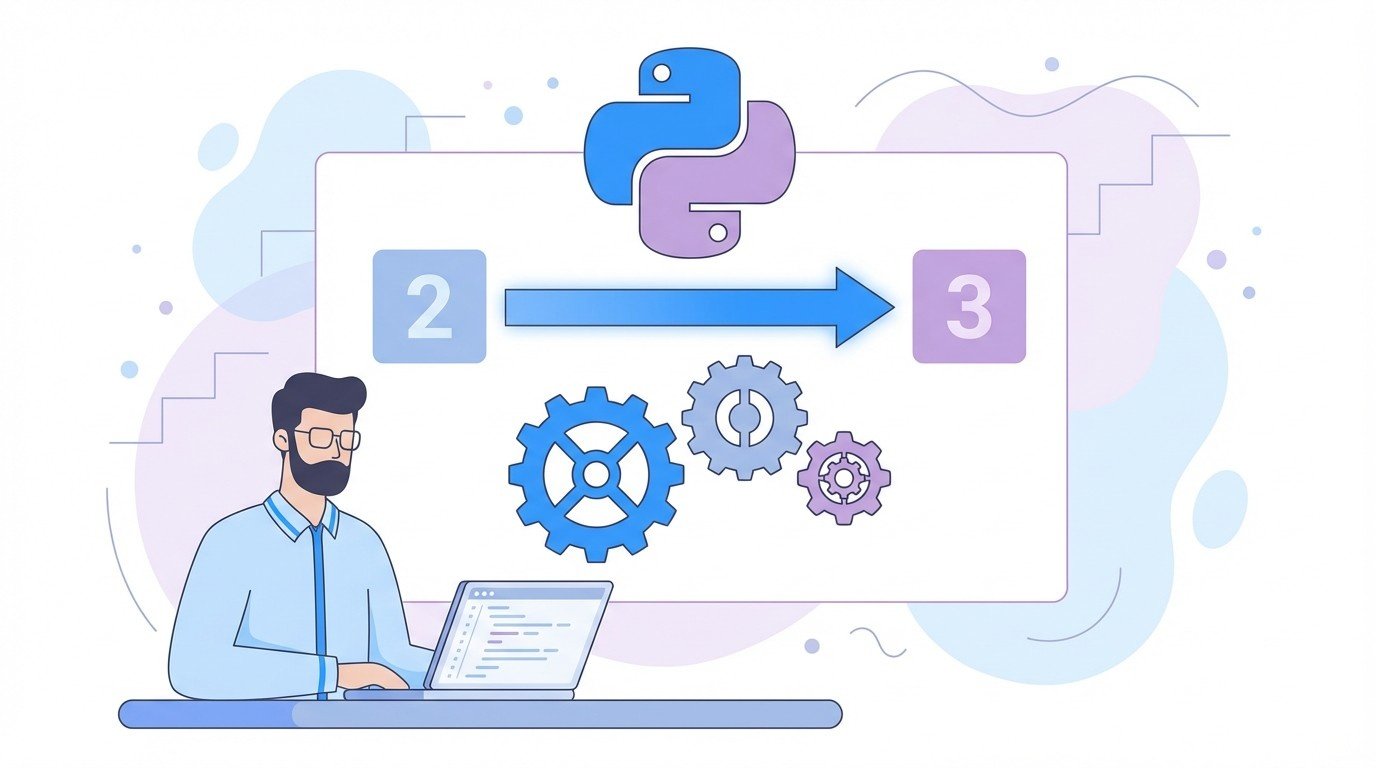 Backend developer at laptop below large Python logos, gears and an arrow moving from number 2 to number 3.