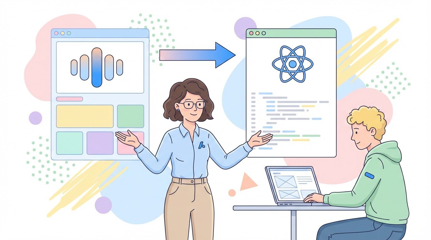 designer presenting figma style layout transforming into react code for developer at laptop