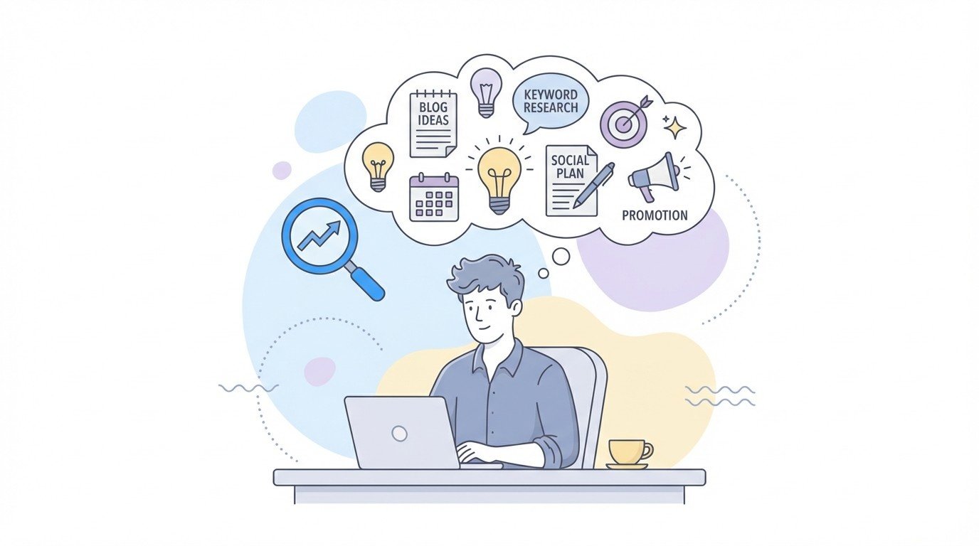 Lenoshub content strategist at laptop brainstorming SEO blog ideas and keyword based article titles.