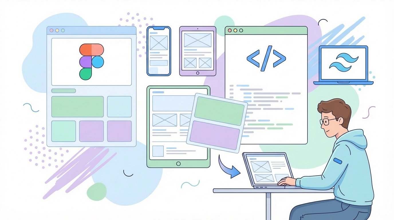 Frontend developer coding on a laptop surrounded by Figma layouts, wireframes on multiple devices and a code editor window.