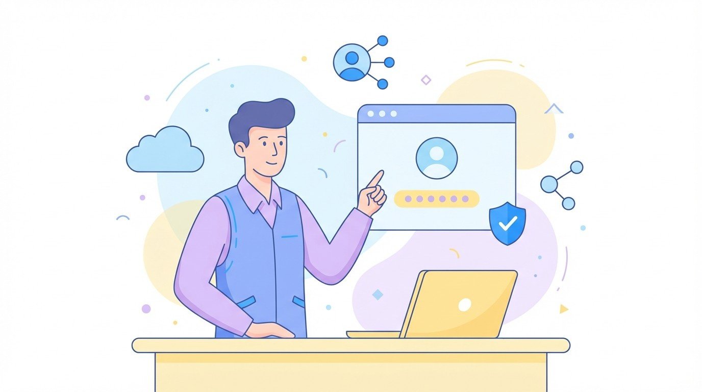 engineer pointing at secure login screen with cloud and network icons representing azure ad b2c authentication