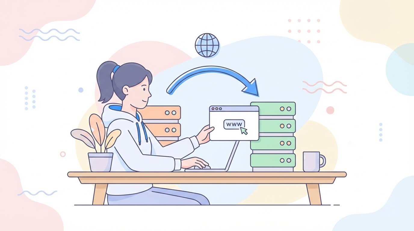 Lenoshub engineer moving a website between hosting servers, showing a browser window being transferred from old stack to new stack.
