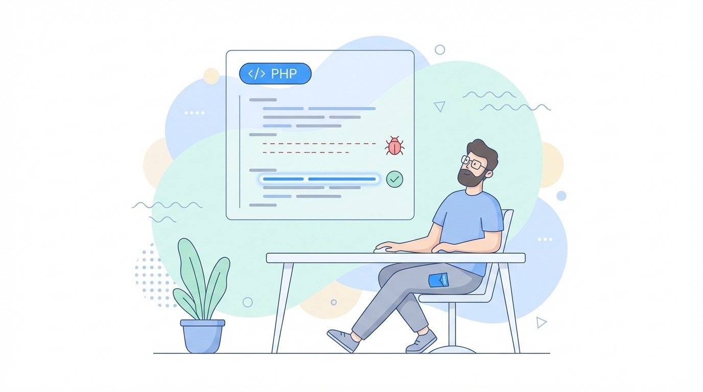 php developer reviewing code panel with highlighted bug and green check showing fixed script