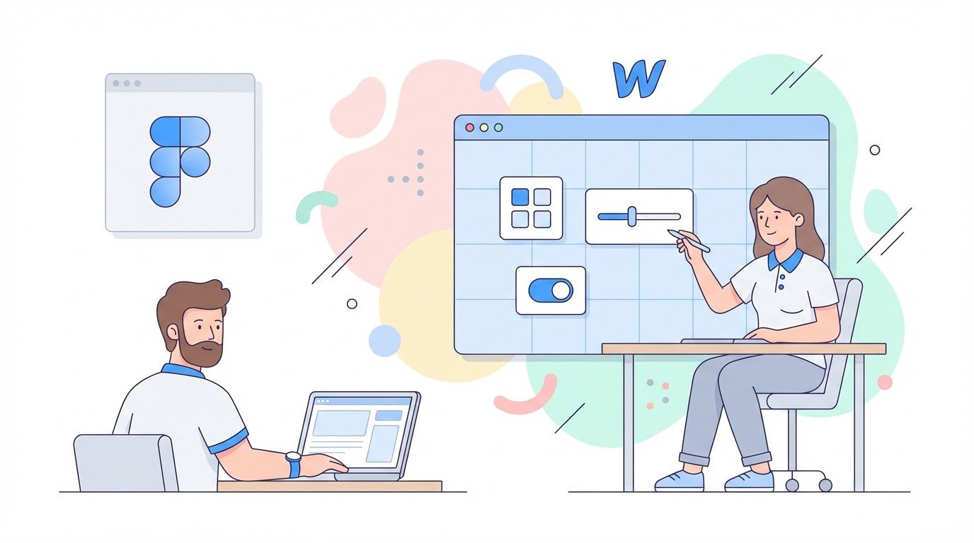 Designer presenting Webflow interface components on a large screen while a developer builds the layout on a laptop, with Figma logo on the side.