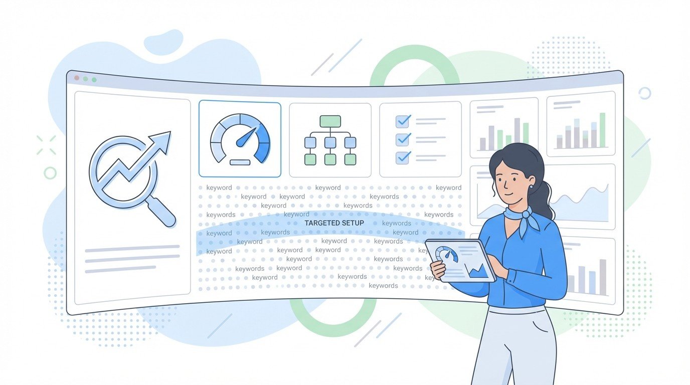 Marketer holding a tablet in front of a large SEO dashboard with graphs, keyword lists and targeted setup metrics.