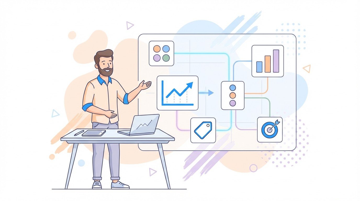 Lenoshub analyst configuring dashboards with graphs, tags and funnels to set up Google Analytics 4, Tag Manager and conversion tracking.