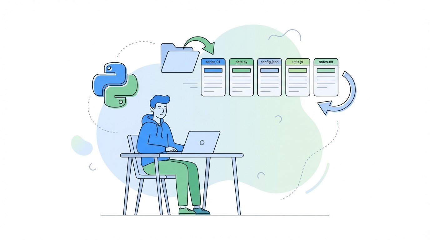 Lenoshub developer writing a Python script on laptop to bulk rename files in a folder.
