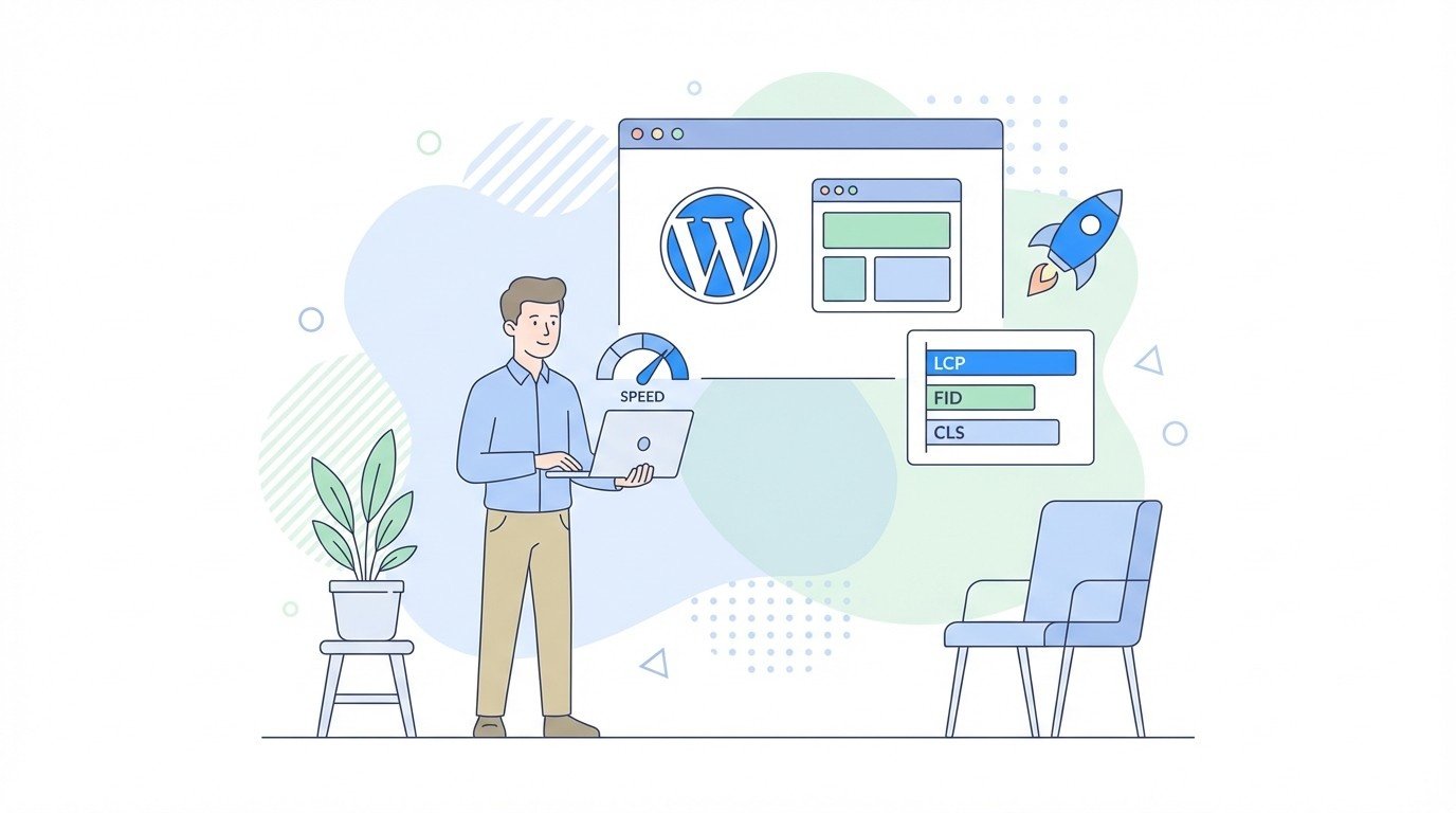 Lenoshub performance specialist optimizing a WordPress site, improving Core Web Vitals metrics like LCP FID and CLS on a speed dashboard.